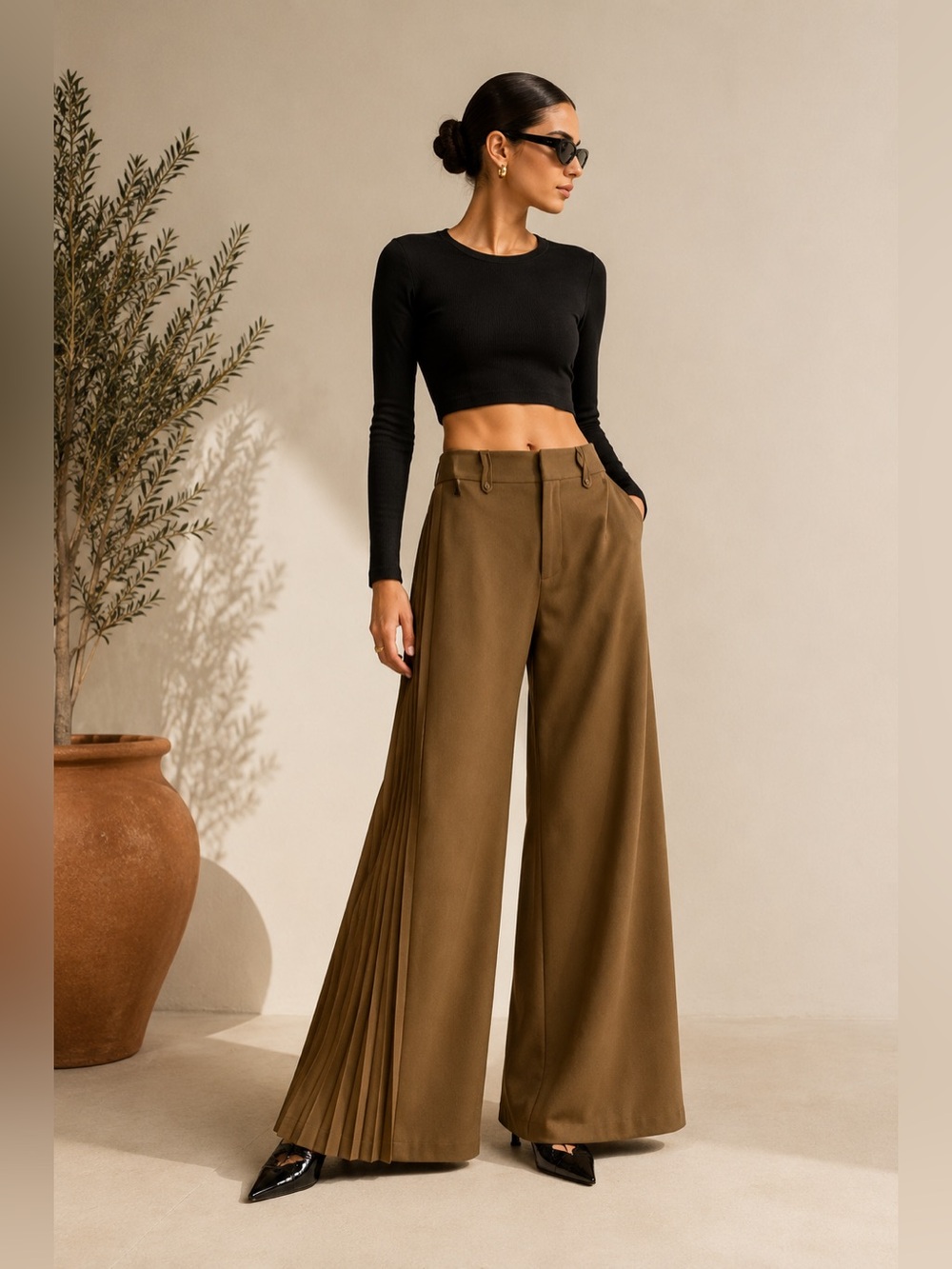 Commense Olive Pleated Boot-Flare Trousers